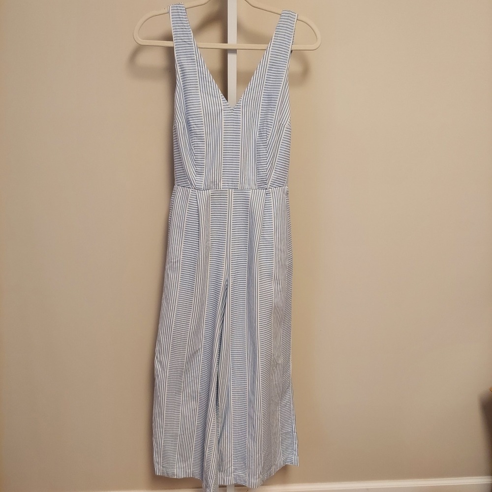 Lucky Brand Blue White Striped Tie Back Wide Leg Jumpsuit Womens Small‎ Cotton